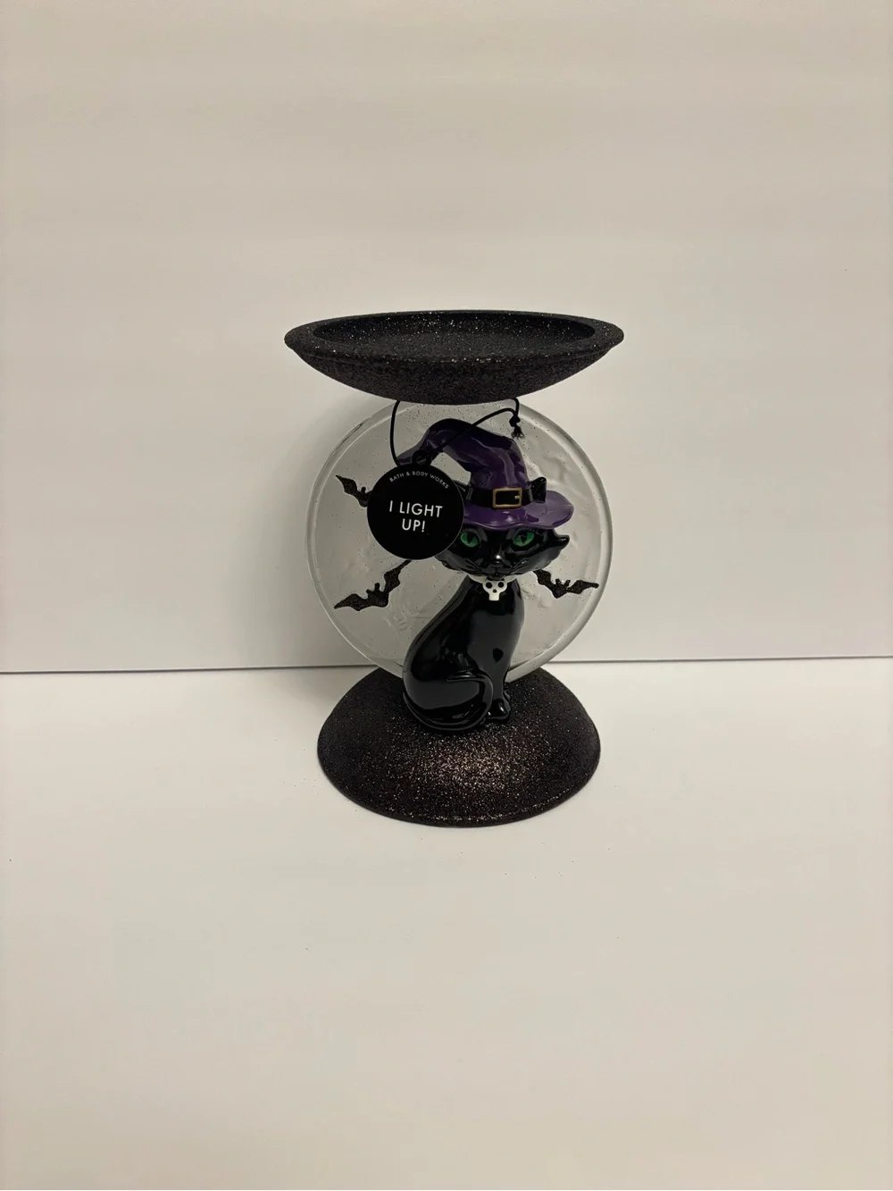 Bath & Body Works Light-up Cat and Moon Pedestal 3-Wick Candle Holder Halloween